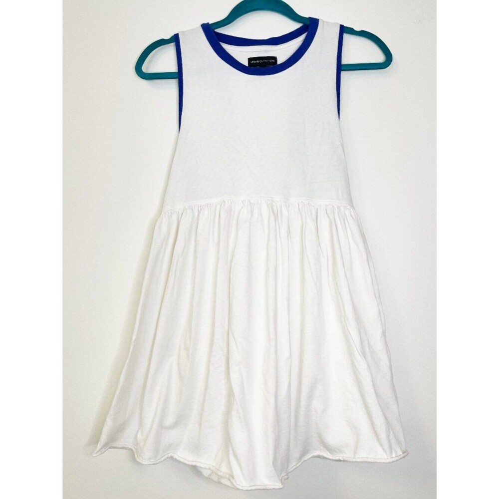 Urban Outfitters White Cotton Babydoll Dress Blue Trim Sleeveless Pocket Dress M